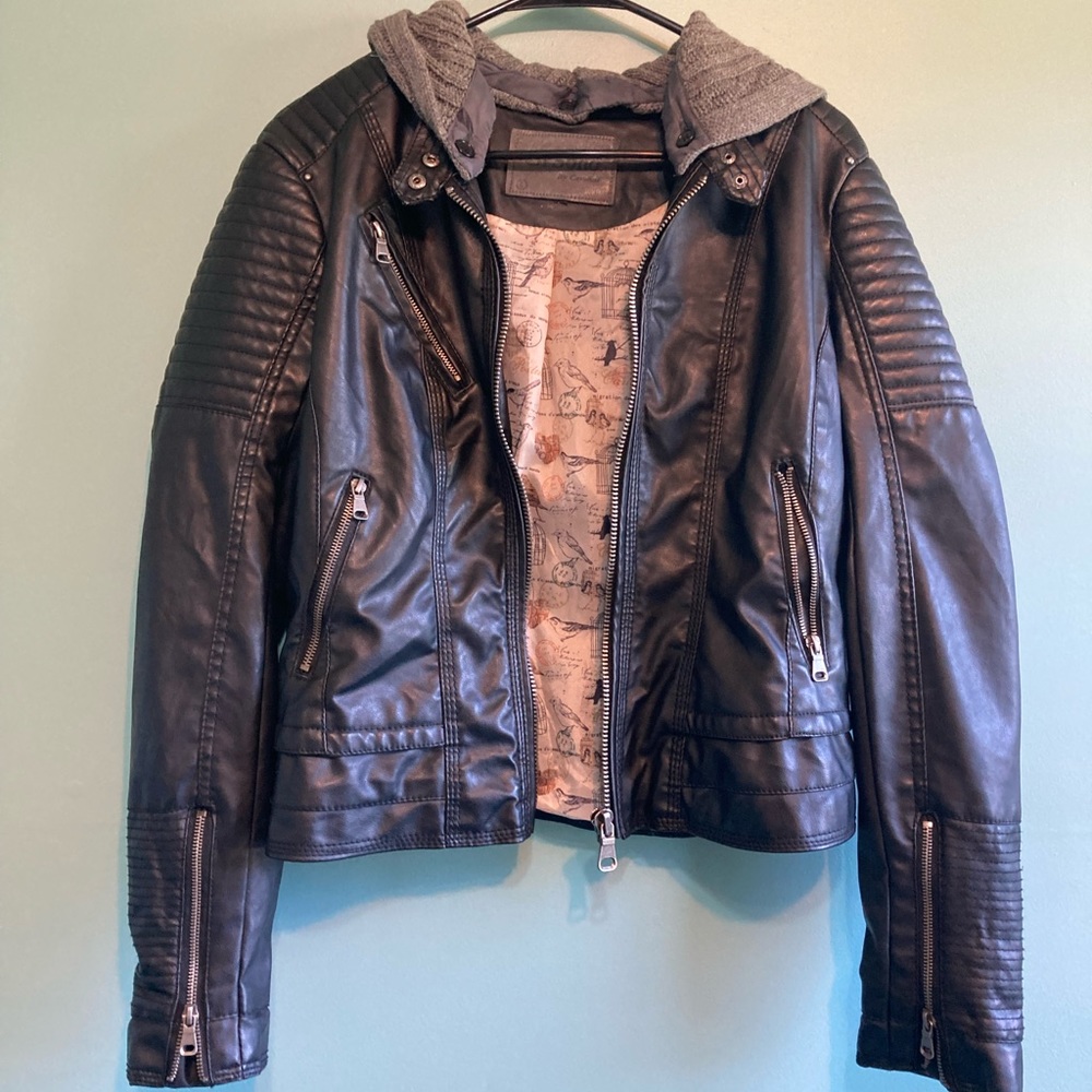 🎁sale Ci Sono Vegan Leather Motorcycle Jacket Sweater Hood Large - black